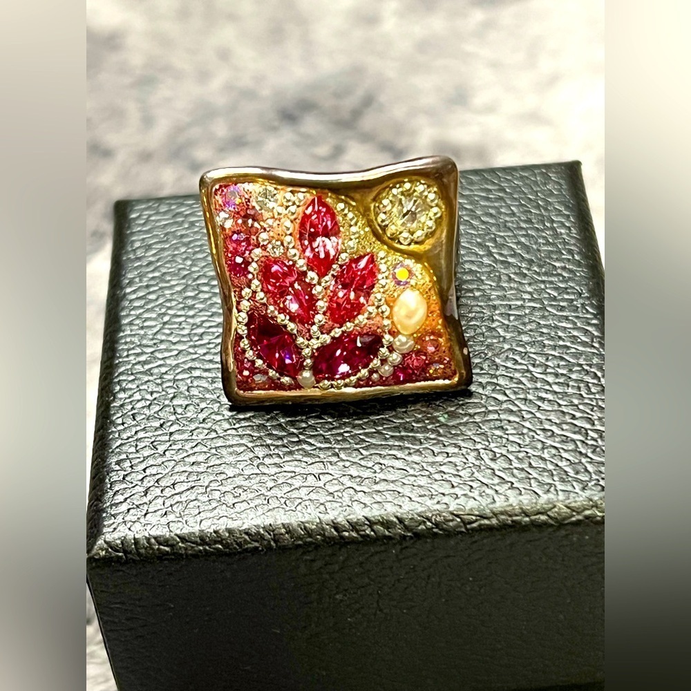 Sterling Silver Pink Swarovski Crystals Orit Schatzman Mosaic Design Ring Size 9